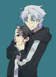 Rule 34 | 2boys, aqua eyes, before and after, black eyes, black hair, blue background, dual persona, evil grin, evil smile, fate/zero, fate (series), grin, hand on another&#039;s chin, hand on forehead, hood, hoodie, kintaro, male focus, matou kariya, multiple boys, profile, scar, short hair, smile, white hair