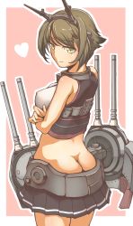 Rule 34 | 10s, 1girl, ass, bare shoulders, breast hold, breasts, brown hair, butt crack, crossed arms, covered erect nipples, headgear, heart, highres, kantai collection, looking back, miniskirt, mutsu (kancolle), okutama tarou, short hair, skirt, smile, solo, yellow eyes