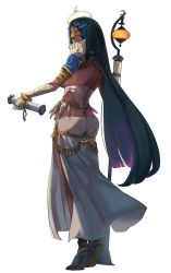 Rule 34 | 1girl, arabian clothes, ass, bandages, bandaged arm, bandages, black hair, blue eyes, breasts, circlet, dark skin, dark-skinned female, fate/grand order, fate (series), forehead jewel, full body, hsin, jewelry, large breasts, long hair, looking at viewer, pelvic curtain, revealing clothes, scheherazade (fate), scroll, solo, standing, veil, very long hair