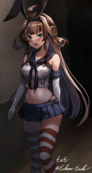 Rule 34 | 1girl, black hairband, black neckerchief, black panties, blue sailor collar, blue skirt, blush, breasts, brown hair, cosplay, cowboy shot, crop top, eckert&amp;eich, elbow gloves, embarrassed, gloves, hairband, highleg, highleg panties, highres, indoors, kantai collection, kongou (kancolle), long hair, looking at viewer, medium breasts, microskirt, navel, neckerchief, one-hour drawing challenge, panties, purple eyes, sailor collar, shimakaze (kancolle), shimakaze (kancolle) (cosplay), skirt, solo, striped clothes, striped thighhighs, thighhighs, twitter username, underwear, white gloves