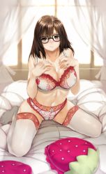 Rule 34 | 00s, 1girl, bed sheet, blush, bra, breasts, brown eyes, brown hair, cleavage, curtains, floral print, food, fruit, glasses, hands on own chest, hews, ichigo 100 percent, lace, lace-trimmed bra, lace-trimmed legwear, lace-trimmed panties, lace trim, large breasts, lingerie, long hair, looking at viewer, navel, panties, pillow, sitting, solo, strawberry, thighhighs, underwear, underwear only, wariza, white thighhighs, window