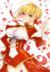 Rule 34 | 10s, 1girl, ahoge, akariko (akaringo), blonde hair, breasts, cleavage, epaulettes, fate/extra, fate (series), green eyes, hair intakes, hair ribbon, hand on own hip, highres, looking at viewer, medium breasts, nero claudius (fate), nero claudius (fate) (all), nero claudius (fate/extra), petals, red ribbon, ribbon, short hair, simple background, smile, solo, white background