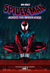 Rule 34 | absurdres, animal print, ben reilly, blue bodysuit, bodysuit, copyright name, english text, highres, hood, hooded bodysuit, hoodie, logo, looking at viewer, male focus, marvel, mask, movie poster, muscular, official art, red bodysuit, scarlet spider, spider-man: across the spider-verse, spider-man (series), spider-verse, spider print, superhero costume, torn clothes, torn hoodie