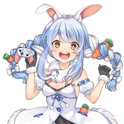 Rule 34 | 1girl, abe buson, animal ear fluff, animal ears, blue hair, braid, breasts, carrot, carrot hair ornament, cleavage, controller, don-chan (usada pekora), dress, food-themed hair ornament, game controller, hair ornament, highres, holding, holding controller, holding game controller, hololive, long hair, looking at viewer, multicolored hair, pocket, rabbit-shaped pupils, rabbit ears, red eyes, short eyebrows, simple background, smile, symbol-shaped pupils, teeth, transparent background, twin braids, twintails, two-tone hair, upper body, upper teeth only, usada pekora, usada pekora (1st costume), virtual youtuber, white background, white dress, white hair