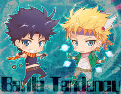 Rule 34 | 2boys, bad id, bad pixiv id, bare shoulders, battle tendency, belt, black hair, blonde hair, blue eyes, bola (weapon), boots, bubble, caesar anthonio zeppeli, chibi, copyright name, cropped jacket, facial mark, feathers, fingerless gloves, gloves, green footwear, green jacket, headband, jacket, jjdnmr02, jojo no kimyou na bouken, knee pads, male focus, midriff, multiple boys, pants, scarf, shoes, sleeveless, smile, star (symbol), striped clothes, striped scarf, white pants