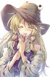 Rule 34 | 1girl, :p, adapted costume, bare shoulders, blonde hair, brown hat, colored eyelashes, commentary request, darjeeling (reley), detached sleeves, hair between eyes, hair ribbon, hands up, hat, highres, long hair, long sleeves, long tongue, looking at viewer, moriya suwako, purple vest, revision, ribbon, ribbon-trimmed sleeves, ribbon trim, shirt, sidelocks, simple background, smile, solo, tongue, tongue out, touhou, upper body, vest, white background, white shirt, wide sleeves, yellow eyes