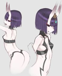 Rule 34 | 1girl, ass, bare shoulders, black hair, collarbone, fate/grand order, fate (series), from side, honjou raita, horns, licking lips, midriff, navel, oni, profile, purple eyes, short hair, shuten douji (fate), skin-covered horns, solo, tongue, tongue out