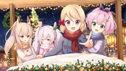 Rule 34 | 4girls, :d, ;), ame., animal ears, ayanami (azur lane), azur lane, black ribbon, blue scarf, blush, bow, breath, brown jacket, brown scarf, christmas, christmas ornaments, christmas tree, christmas wreath, closed mouth, commentary request, fringe trim, green eyes, grey jacket, hair between eyes, hair bow, hair ornament, hair ribbon, headgear, high ponytail, jacket, javelin (azur lane), laffey (azur lane), light brown hair, long sleeves, looking at viewer, multiple girls, night, night sky, one eye closed, open mouth, outdoors, pink hair, pink jacket, pointing, ponytail, purple eyes, rabbit ears, red bow, red eyes, red scarf, ribbon, scarf, sidelocks, silver hair, sky, smile, snow, snowing, star (symbol), star hair ornament, twintails, wreath, z23 (azur lane)