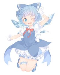 Rule 34 | 1girl, ;d, arm up, back bow, bloomers, blue bow, blue dress, blue eyes, blue footwear, blue hair, blue ribbon, blush, bow, bowtie, breasts, bridal garter, buttons, cirno, collaboration, collared shirt, dress, earrings, eyebrows, frilled gloves, frilled skirt, frilled sleeves, frills, full body, gloves, hair bow, hair ribbon, high heels, highres, ice, ice wings, jewelry, jpeg artifacts, knees together feet apart, looking at viewer, one eye closed, open mouth, outstretched arm, paragasu (parags112), puffy short sleeves, puffy sleeves, red bow, red bowtie, red ribbon, ribbon, sakurea, salute, shirt, shoes, short hair, short sleeves, sidelocks, simple background, skirt, sleeveless, sleeveless dress, small breasts, smile, solo, sparkle, stud earrings, teeth, thigh gap, touhou, underwear, white background, white gloves, white shirt, wings, wink