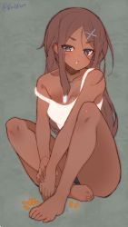 Rule 34 | 10s, ahagon umiko, barefoot, blue eyes, brown hair, dark-skinned female, dark skin, dog tags, feet, hair ornament, hairclip, highres, long hair, looking at viewer, new game!, open mouth, red disappointment, solo, tank top, toes