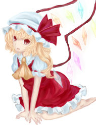Rule 34 | 1girl, all fours, ascot, bad id, bad pixiv id, barefoot, blonde hair, colored eyelashes, emon (glossy black), fangs, female focus, flandre scarlet, hat, hat ribbon, open mouth, red eyes, ribbon, short hair, side ponytail, sketch, skirt, skirt set, solo, touhou, v arms, white background, wings