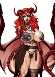 Rule 34 | 1girl, abs, armor, art moira, belt, black eyes, black lips, breasts, cleavage, corruption of champions 2, curvy, dragon, dragon girl, dragon tail, horns, huge breasts, long hair, looking at viewer, monster girl, muscular, muscular female, open mouth, panties, pointy ears, red eyes, red hair, scales, sharp teeth, smile, standing, tail, teeth, thick thighs, thighhighs, thighs, thong, underwear, wide hips, wings
