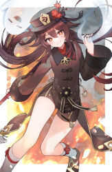 Rule 34 | 1girl, absurdres, black nails, boo tao (genshin impact), border, breasts, brown coat, brown footwear, brown hair, chinese clothes, coat, coattails, collared coat, flower, flower-shaped pupils, genshin impact, ghost, hair between eyes, hat, hat flower, highres, holding, holding polearm, holding weapon, hu tao (genshin impact), jewelry, kneehighs, long hair, multiple rings, plum blossoms, polearm, porkpie hat, red eyes, red shirt, ring, shirt, short shorts, shorts, small breasts, socks, staff of homa (genshin impact), symbol-shaped pupils, tailcoat, thighs, twintails, tym taro, weapon, white border, white socks