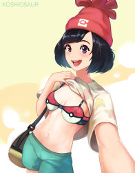 Rule 34 | 1girl, artist name, bad id, bad pixiv id, bag, beanie, black hair, bra, breasts, clothes lift, cowboy shot, creatures (company), floral print, game freak, green shorts, hat, koshio, lifting own clothes, looking at viewer, messenger bag, nintendo, open mouth, outstretched arm, poke ball, pokemon, pokemon sm, reaching, reaching towards viewer, selene (pokemon), selfie, shirt, shirt lift, short hair, shorts, shoulder bag, small breasts, smile, solo, t-shirt, underwear