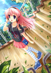 Rule 34 | ayakaze ryuushou, blue eyes, hair ribbon, headphones, highres, leaf, long hair, looking at viewer, open mouth, original, pink hair, ribbon, shoes, skirt, sneakers, solo, stairs, striped clothes, striped thighhighs, thighhighs, water, wind, zettai ryouiki