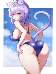 Rule 34 | 1girl, absurdres, ahoge, animal ear fluff, animal ears, ass, bare arms, bare shoulders, blue nails, blue one-piece swimsuit, blue sky, blush, border, breasts, cat ears, cat girl, cat tail, cloud, commentary, competition swimsuit, crossed bangs, fingernails, from behind, hair between eyes, heart, highres, hololive, kogekoge1207, large breasts, long fingernails, looking at viewer, medium hair, nail polish, nekomata okayu, one-piece swimsuit, outside border, parted lips, purple eyes, purple hair, shiny clothes, shiny skin, sky, solo, swimsuit, symbol-only commentary, tail, tail raised, virtual youtuber, white border
