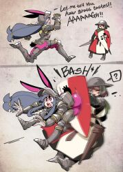 Rule 34 | 2girls, absurdres, armor, ass press, bongfill, boots, character request, crossover, english text, full body, gauntlets, grey hair, highres, ironlily, multiple girls, murgoten, pink eyes, rabbit ears, rainbow mika, running, shield, suggestive, tank (bongfill)