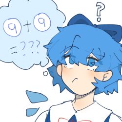 Rule 34 | 1girl, ?, ??, blue bow, blue eyes, bow, circled 9, cirno, closed mouth, collared shirt, commentary, hair bow, shengxian miaomiao cui, shirt, short hair, simple background, solo, symbol-only commentary, thinking, thought bubble, touhou, white shirt