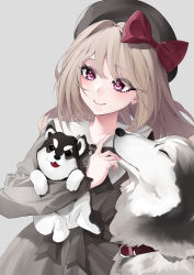 Rule 34 | 1girl, absurdres, animal, animal collar, blush, bow, brown hat, check copyright, closed mouth, collar, collared dress, commentary, copyright request, dog, dress, dress bow, facing viewer, grey background, grey dress, hat, hat bow, highres, holding, holding animal, husky, kuma (wctv5527), light brown hair, long hair, long sleeves, looking to the side, original, pink eyes, red bow, shiba inu, simple background, smile, solo, upper body