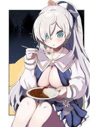 Rule 34 | 1girl, anastasia (fate), anastasia (swimsuit archer) (fate), anastasia (swimsuit archer) (third ascension) (fate), bikini, bikini skirt, blowing on food, blue eyes, breasts, curry, curry rice, fate/grand order, fate (series), food, highres, large breasts, long hair, night, ponytail, rice, silver hair, sitting, snowflakes, spoon, swimsuit, yashiro ryo