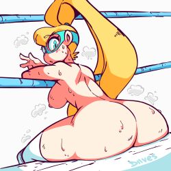 Rule 34 | 1girl, ass, back cutout, blonde hair, blue eyes, breasts, clothing cutout, diives, domino mask, highres, huge ass, large breasts, long hair, looking at viewer, looking back, mask, nipples, nude, rainbow mika, solo, street fighter, sweat, thick thighs, thighs, twintails, wrestling mask
