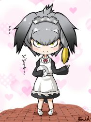 Rule 34 | 1girl, :3, alternate costume, apron, bad id, bad pixiv id, bird tail, black dress, black hair, blonde hair, blush stickers, bow, bowtie, chibi, closed mouth, commentary request, dress, enmaided, flying sweatdrops, full body, grey hair, hair between eyes, hair intakes, hand up, heart, heart background, holding, holding tray, kemono friends, long sleeves, looking at viewer, low ponytail, maid, maid apron, maid headdress, medium hair, multicolored hair, rakugakiraid, red bow, red bowtie, shoebill (kemono friends), side ponytail, signature, smile, solo, standing, tail, tray, white apron, yellow eyes
