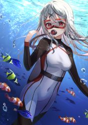 Rule 34 | 1girl, absurdres, air bubble, ayatsuki hina, black hair, bodysuit, braid, breasts, bubble, clownfish, commentary request, covered navel, diving mask, diving regulator, diving suit, eyelashes, fish, goggles, grey hair, hair between eyes, hair ornament, hairclip, hand up, highres, hololive, long hair, long sleeves, looking at viewer, medium breasts, multicolored hair, oxygen tank, red eyes, sakamata chloe, side braid, sidelocks, single braid, skin tight, solo, streaked hair, underwater, virtual youtuber, water, wetsuit, white bodysuit, x hair ornament