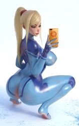 Rule 34 | 1girl, absurdres, ass, back, barefoot, blonde hair, blue bodysuit, blue eyes, blue nails, bodypaint, bodysuit, breasts, butt crack, cellphone, curvy, cushion, feet, from behind, full body, highres, holding, holding phone, huge ass, large breasts, legs, long hair, metroid, mixed media, mole, mole under mouth, nail polish, naked paint, nintendo, nude, painted clothes, phone, ponytail, popogori, realistic, revision, samus aran, selfie, shiny skin, smartphone, solo, spread legs, squatting, taking picture, thick thighs, thighs, tiptoes, white background, wide hips, zero suit