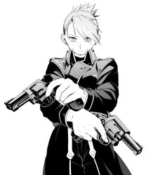 Rule 34 | 1girl, aiguillette, amestris military uniform, coat, cowboy shot, dual wielding, finger on trigger, folded ponytail, fullmetal alchemist, gun, hair over one eye, handgun, holding, holding gun, holding weapon, long sleeves, looking at viewer, military, military uniform, outstretched arms, po (poppa-pict), riza hawkeye, simple background, solo, straight-on, uniform, updo, weapon