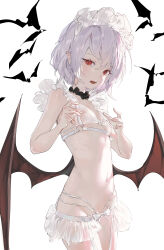 Rule 34 | 1girl, absurdres, bare arms, bat wings, bikini, breasts, brown wings, cowboy shot, fangs, grey hair, hair between eyes, headdress, highres, mont blanca, navel, open mouth, pointy ears, red eyes, remilia scarlet, short hair, simple background, small breasts, solo, swimsuit, touhou, white background, white bikini, wings