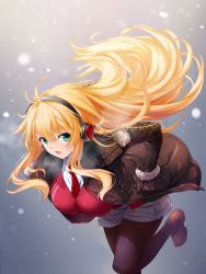Rule 34 | 1girl, ankle boots, antenna hair, aqua eyes, black pantyhose, blonde hair, blue eyes, blue shorts, boots, breasts, breath, brown coat, brown footwear, coat, eyebrows, floating hair, fujino (yoshi9798174), fur trim, hair between eyes, hand in pocket, headphones, large breasts, long hair, looking at viewer, motion blur, necktie, pantyhose, pantyhose under shorts, pocket, red necktie, red vest, running, shirt, shorts, snowing, solo, tsurumaki maki, vest, voiceroid, white shirt, winter, winter clothes