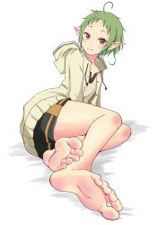 Rule 34 | 1girl, barefoot, blush, feet, foot focus, green hair, highres, leafar, looking at viewer, mushoku tensei, pointy ears, short hair, smile, soles, solo, sylphiette (mushoku tensei), toes, white background