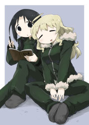 Rule 34 | 2girls, :d, ahoge, black eyes, black hair, blonde hair, butterfly sitting, chito (shoujo shuumatsu ryokou), closed eyes, feet together, fur trim, highres, knees apart feet together, leaning on person, leaning to the side, long hair, military, military uniform, mukaibi aoi, multiple girls, notebook, open mouth, shoujo shuumatsu ryokou, simple background, sitting, smile, twintails, uniform, yuuri (shoujo shuumatsu ryokou)
