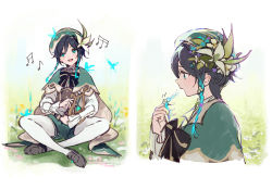 Rule 34 | 1boy, androgynous, beret, black hair, blue hair, bow, braid, brooch, bug, butterfly, collared cape, collared shirt, commentary request, corset, dsmile, flower, frilled sleeves, frills, gem, genshin impact, gradient hair, green eyes, green hat, green shorts, hair flower, hair ornament, hat, highres, holding, holding instrument, indian style, insect, instrument, jewelry, leaf, long sleeves, lyre, male focus, multicolored hair, musical note, open mouth, pantyhose, shirt, shoes, short hair with long locks, shorts, side braids, sidelocks, simple background, sitting, smile, solo, twin braids, venti (genshin impact), vision (genshin impact), white flower, white pantyhose, white shirt