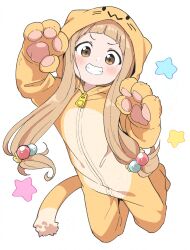 Rule 34 | 1girl, animal costume, animal ears, arched bangs, arms up, blush, brown eyes, brown hair, child, cosplay, dot nose, full body, grin, hair bobbles, hair ornament, heart, highres, ichihara nina, idolmaster, idolmaster cinderella girls, idolmaster cinderella girls u149, kanabun, kigurumi, kneeling, lion costume, lion ears, lion hood, lion tail, long hair, looking at viewer, paw print, simple background, smile, solo, tail, white background, zipper