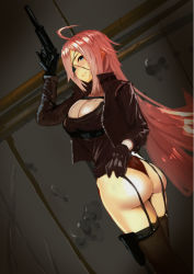 Rule 34 | 1girl, ahoge, ass, black gloves, black jacket, black panties, black shirt, black thighhighs, blue eyes, blush, breasts, cleavage, closed mouth, eyepatch, fate/extra, fate (series), francis drake (fate), gloves, gun, highleg, highleg panties, holster, jacket, jikihatiman, large breasts, long hair, long sleeves, looking at viewer, looking back, open clothes, open jacket, panties, pink hair, scar, scar on face, shirt, smile, solo, thigh strap, thighhighs, thighs, underwear, weapon