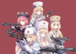 Rule 34 | 5girls, absurdres, battle rifle, black gloves, blonde hair, blue eyes, bolt action, braid, breasts, brown headwear, cleavage, closed mouth, coat, coat dress, degtyaryov machine gun, dp-27, dp28 (girls&#039; frontline), drum magazine, fingerless gloves, fur-trimmed coat, fur hat, fur trim, gas-seal revolver, girls&#039; frontline, gloves, gun, hair between eyes, hair ornament, hairclip, handgun, hat, high-capacity magazine, highres, holding, holding gun, holding weapon, large breasts, light machine gun, long hair, looking at viewer, machine gun, magazine (weapon), martinreaction, military hat, mosin-nagant, mosin-nagant (girls&#039; frontline), multiple girls, nagant m1895, nagant revolver (girls&#039; frontline), pan magazine, papakha, pink hair, pps-43, pps-43 (girls&#039; frontline), ppsh-41, ppsh-41 (girls&#039; frontline), red background, red eyes, revolver, rifle, serious, shirt, single braid, small breasts, smile, standing, striped clothes, striped shirt, submachine gun, telnyashka, weapon, white coat, white gloves, white headwear