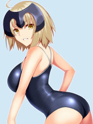 Rule 34 | 1girl, ahoge, ass, blue background, breasts, competition school swimsuit, contrapposto, cowboy shot, fate/grand order, fate (series), from side, headpiece, highres, jeanne d&#039;arc (fate), jeanne d&#039;arc alter (avenger) (fate), jeanne d&#039;arc alter (fate), large breasts, light brown hair, one-piece swimsuit, parted lips, school swimsuit, short hair, simple background, skylader, solo, standing, swimsuit, yellow eyes