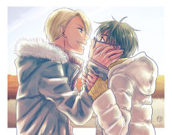 Rule 34 | 2boys, black hair, blue-framed eyewear, blue eyes, brown eyes, eye contact, fur trim, glasses, grin, hands on another&#039;s cheeks, hands on another&#039;s face, hood, hooded jacket, jacket, jewelry, katsuki yuuri, looking at another, male focus, multiple boys, ring, silver hair, smile, tanao, viktor nikiforov, yuri!!! on ice