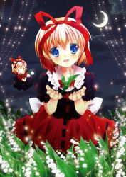 Rule 34 | 1girl, arms up, blonde hair, blouse, blue eyes, chisamikan, crescent moon, flower, flying, hair ribbon, head tilt, highres, lily of the valley, looking at viewer, medicine melancholy, moon, night, night sky, open hands, open mouth, outdoors, ribbon, shirt, short hair, skirt, sky, solo, su-san, touhou
