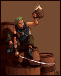Rule 34 | 1boy, alcohol, armband, barrel, beer, beerstein, cross-laced footwear, cup, froth, green hair, grin, katana, male focus, mug, one piece, roronoa zoro, short hair, simple background, sitting, skull and crossbones, sleeveless, smile, solo, sword, weapon