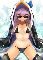 Rule 34 | 1girl, absurdres, animal costume, animal hood, bikini, black bikini, black jacket, black thighhighs, blue eyes, breasts, collarbone, commentary request, dolphin, fate/grand order, fate (series), hair between eyes, highres, hood, in water, jacket, karu (ricardo 2628), long hair, looking at viewer, looking over eyewear, looking over glasses, meltryllis, meltryllis (fate), meltryllis (swimsuit lancer) (fate), meltryllis (swimsuit lancer) (first ascension) (fate), navel, open clothes, open jacket, penguin costume, penguin hood, sitting, small breasts, solo, sunglasses, swimsuit, tan, thighhighs, tinted eyewear, tongue, tongue out, water, white jacket