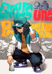 Rule 34 | 1girl, absurdres, andou (girls und panzer), baseball cap, black hair, black pants, blue footwear, censored, copyright name, full body, girls und panzer, graffiti, green hat, hair between eyes, hat, highres, jacket, jitome, long sleeves, looking at viewer, middle finger, nike (company), open clothes, open jacket, open mouth, orange shirt, oshiri seijin, pants, shirt, shoes, short hair, sneakers, solo, spray can, squatting, v-shaped eyebrows
