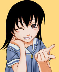 Rule 34 | 1girl, ;d, azumanga daiou, black hair, blush, brown eyes, female focus, grin, kamisuki, looking at viewer, one eye closed, open mouth, pointing, pointing at viewer, school uniform, simple background, smile, solo, takino tomo, teeth, wink, yellow background