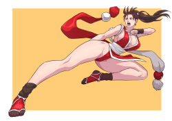 Rule 34 | 1girl, absurdres, arm guards, bare shoulders, breasts, brown eyes, brown hair, cirenk, cleavage, commission, fatal fury, full body, high ponytail, highres, japanese clothes, large breasts, long hair, looking at viewer, ninja, pelvic curtain, ponytail, revealing clothes, rope, shiranui mai, sideboob, simple background, solo, the king of fighters, thighs