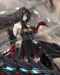 Rule 34 | 1girl, absurdres, azur lane, bare shoulders, conductor baton, black dress, black hair, black thighhighs, breasts, cannon, cleavage, dress, friedrich der grosse (azur lane), from side, gloves, hair over one eye, highres, holding, horns, kdm (ke dama), large breasts, long hair, machinery, outdoors, parted lips, red gloves, red horns, red lips, rigging, signature, sleeveless, sleeveless dress, smile, solo, taut clothes, taut dress, thighhighs, very long hair, wind, yellow eyes