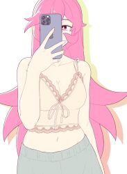 Rule 34 | 1girl, breasts, brown camisole, camisole, cellphone, cleavage, commentary, crop top, drop shadow, english commentary, green pants, highres, holding, holding phone, iphone, large breasts, long hair, original, pants, phone, pink eyes, pink hair, rida (vibrantrida), smartphone, solo, sweatpants, upper body, very long hair, vibrantrida, white background