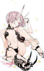 Rule 34 | 1girl, absurdres, ankle ribbon, barefoot sandals (jewelry), breasts, collarbone, eyeliner, eyeshadow, fang, fang out, fate/grand order, fate (series), feet, full body, grin, head tilt, highres, hiranko, horns, leaning back, leg lift, leg ribbon, makeup, navel, oni, purple eyes, purple hair, revealing clothes, ribbon, short hair, shuten douji (fate), simple background, skin-covered horns, small breasts, smile, solo, thick eyebrows, white background