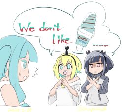Rule 34 | 3girls, :d, ^^^, amano pikamee, bare shoulders, black hair, black hairband, blonde hair, blue eyes, blue hair, brown eyes, clip studio paint (medium), commentary request, creator connection, cropped torso, crossover, dated, english text, green eyes, green hair, grey jacket, gyari (imagesdawn) (style), hair between eyes, hairband, jacket, jitomi monoe, kotonoha aoi, long hair, magnet, multicolored hair, multiple girls, off-shoulder shirt, off shoulder, open mouth, parted lips, profile, remya, sharp teeth, shirt, simple background, smile, spoken food, sweat, teeth, twitter username, two-tone hair, upper body, v-shaped eyebrows, virtual youtuber, voiceroid, voms, white background, white shirt, x arms, x fingers