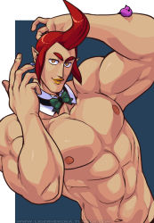 Rule 34 | 1boy, abs, arms up, artist name, bird, bow, bowtie, detached collar, earrings, green bow, green bowtie, groose, jewelry, lipstick, looking at viewer, makeup, male focus, muscular, navel, nintendo, nipples, orange eyes, pectorals, pompadour, red hair, simple background, smile, solo, stomach, the legend of zelda, the legend of zelda: skyward sword, yellow lips